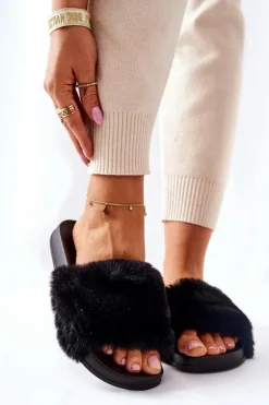 Online Boto Gumowe Profilowane Klapki Z Futerkiem Czarne Emmie