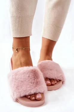 Damskie Boto Gumowe Profilowane Klapki Z Futerkiem Różowe Emmie