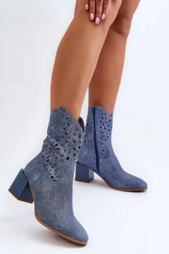 Damskie Boto Jeansowe Botki Z Ażurową Cholewką Na Klocku Niebieskie Irvelame