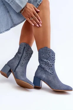 Damskie Boto Jeansowe Botki Z Ażurową Cholewką Na Klocku Niebieskie Irvelame