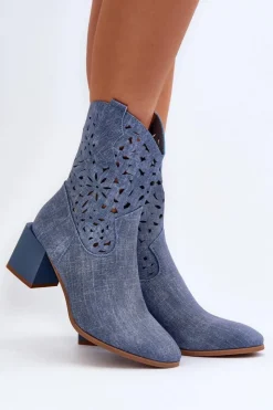 Damskie Boto Jeansowe Botki Z Ażurową Cholewką Na Klocku Niebieskie Irvelame