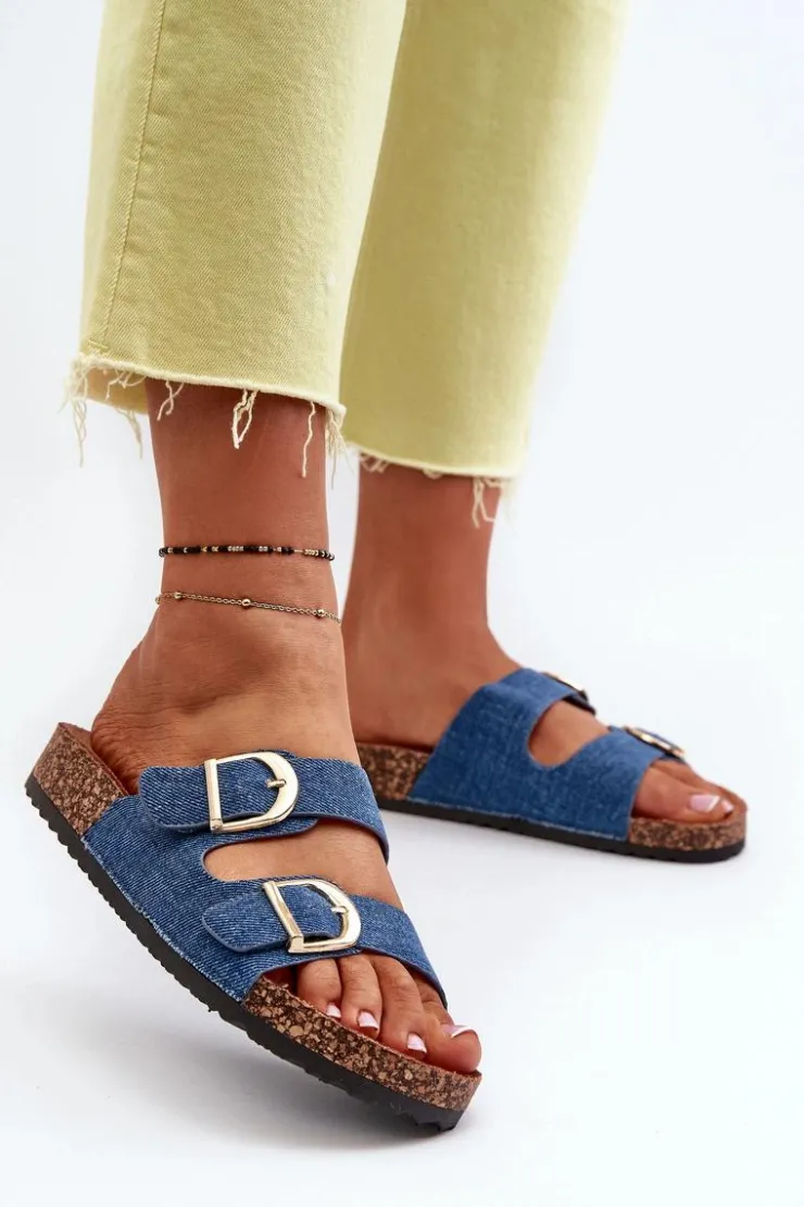Damskie Boto Jeansowe Damskie Klapki Na Korkowej Platformie Z Paskami Ciemnoniebieskie Doretta