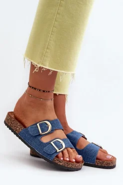 Damskie Boto Jeansowe Damskie Klapki Na Korkowej Platformie Z Paskami Ciemnoniebieskie Doretta