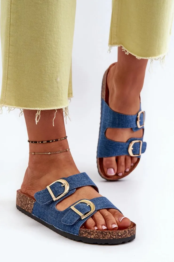 Damskie Boto Jeansowe Damskie Klapki Na Korkowej Platformie Z Paskami Ciemnoniebieskie Doretta