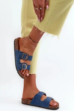 Damskie Boto Jeansowe Damskie Klapki Na Korkowej Platformie Z Paskami Ciemnoniebieskie Doretta