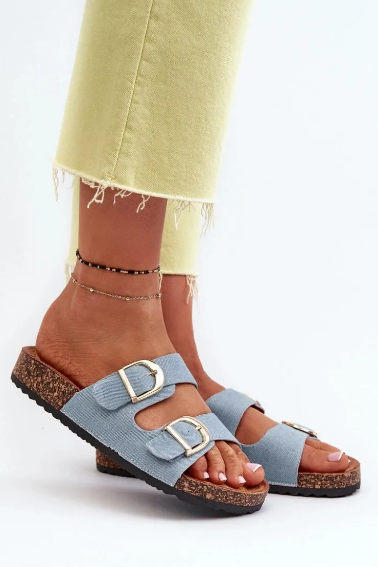 Damskie Boto Jeansowe Damskie Klapki Na Korkowej Platformie Z Paskami Niebieskie Doretta