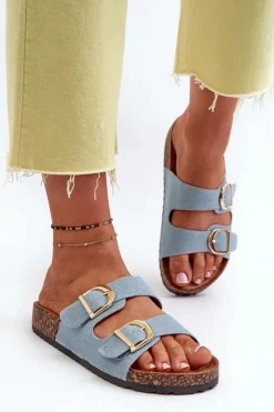 Damskie Boto Jeansowe Damskie Klapki Na Korkowej Platformie Z Paskami Niebieskie Doretta