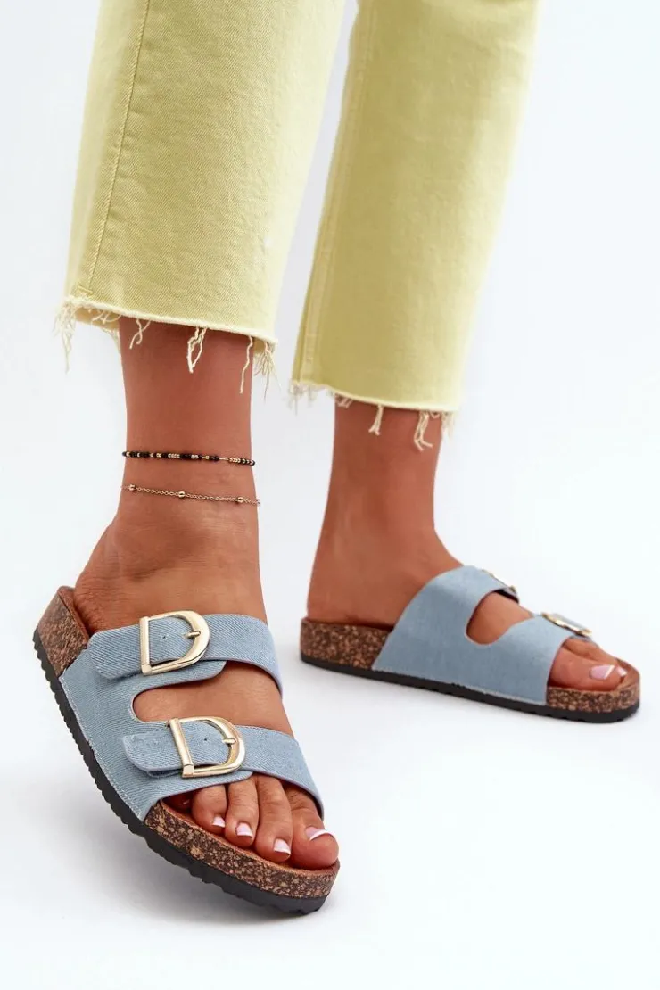 Damskie Boto Jeansowe Damskie Klapki Na Korkowej Platformie Z Paskami Niebieskie Doretta