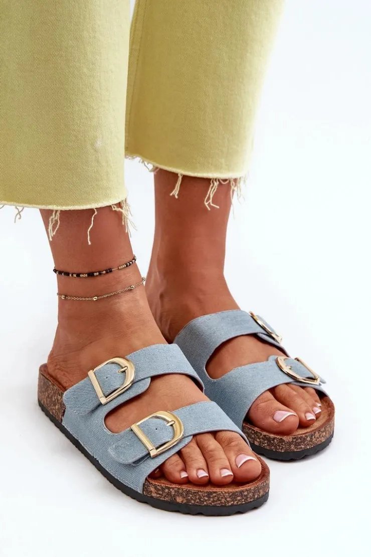 Damskie Boto Jeansowe Damskie Klapki Na Korkowej Platformie Z Paskami Niebieskie Doretta