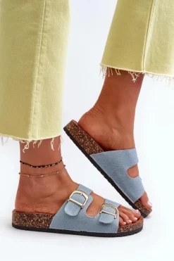 Damskie Boto Jeansowe Damskie Klapki Na Korkowej Platformie Z Paskami Niebieskie Doretta