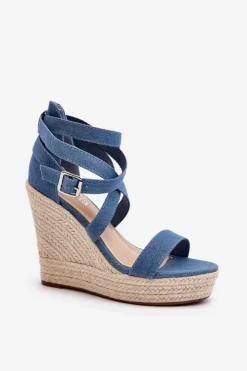 Boto Sandały Na Koturnie*Jeansowe Sandały Na Koturnie Z Plecionką Niebieskie Salthe