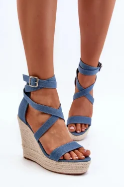 Boto Sandały Na Koturnie*Jeansowe Sandały Na Koturnie Z Plecionką Niebieskie Salthe