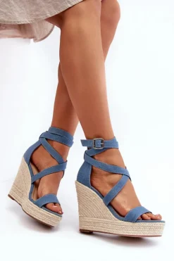 Boto Sandały Na Koturnie*Jeansowe Sandały Na Koturnie Z Plecionką Niebieskie Salthe