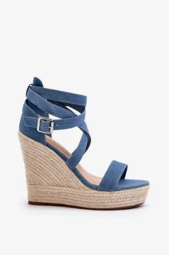 Boto Sandały Na Koturnie*Jeansowe Sandały Na Koturnie Z Plecionką Niebieskie Salthe
