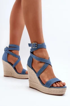 Boto Sandały Na Koturnie*Jeansowe Sandały Na Koturnie Z Plecionką Niebieskie Salthe