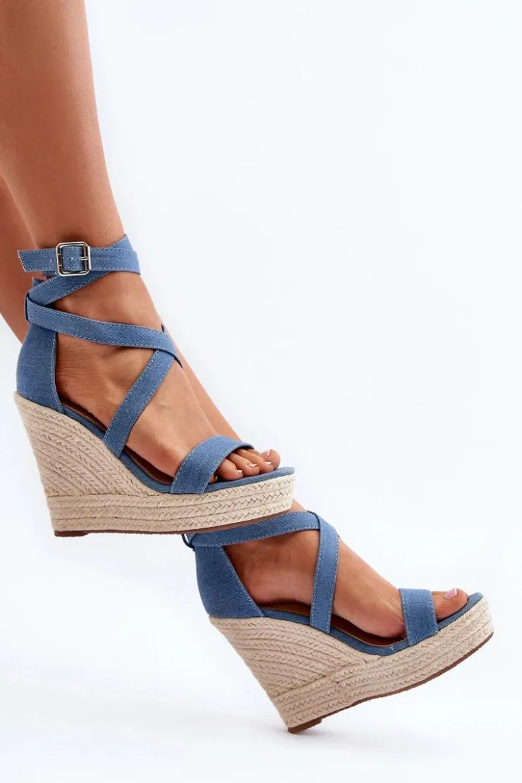 Boto Sandały Na Koturnie*Jeansowe Sandały Na Koturnie Z Plecionką Niebieskie Salthe