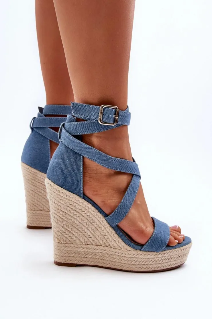 Boto Sandały Na Koturnie*Jeansowe Sandały Na Koturnie Z Plecionką Niebieskie Salthe
