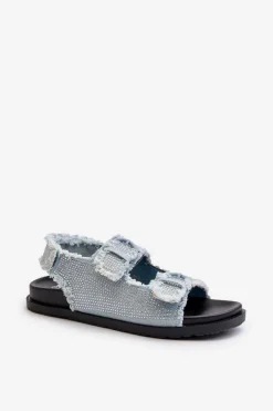 Boto Sandały Płaskie*Jeansowe Zdobione Sandały Damskie Niebieskie Irmale