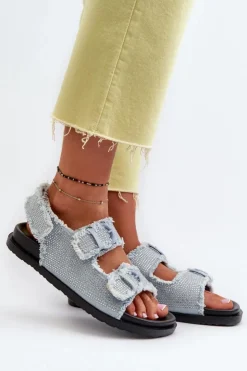 Boto Sandały Płaskie*Jeansowe Zdobione Sandały Damskie Niebieskie Irmale