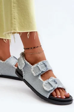 Boto Sandały Płaskie*Jeansowe Zdobione Sandały Damskie Niebieskie Irmale