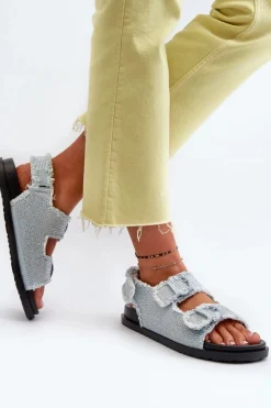 Boto Sandały Płaskie*Jeansowe Zdobione Sandały Damskie Niebieskie Irmale