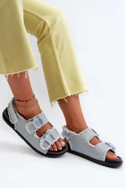 Boto Sandały Płaskie*Jeansowe Zdobione Sandały Damskie Niebieskie Irmale