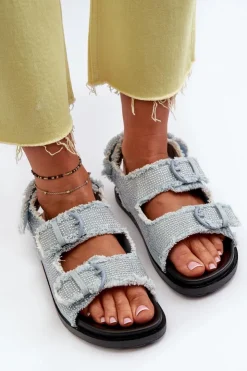 Boto Sandały Płaskie*Jeansowe Zdobione Sandały Damskie Niebieskie Irmale