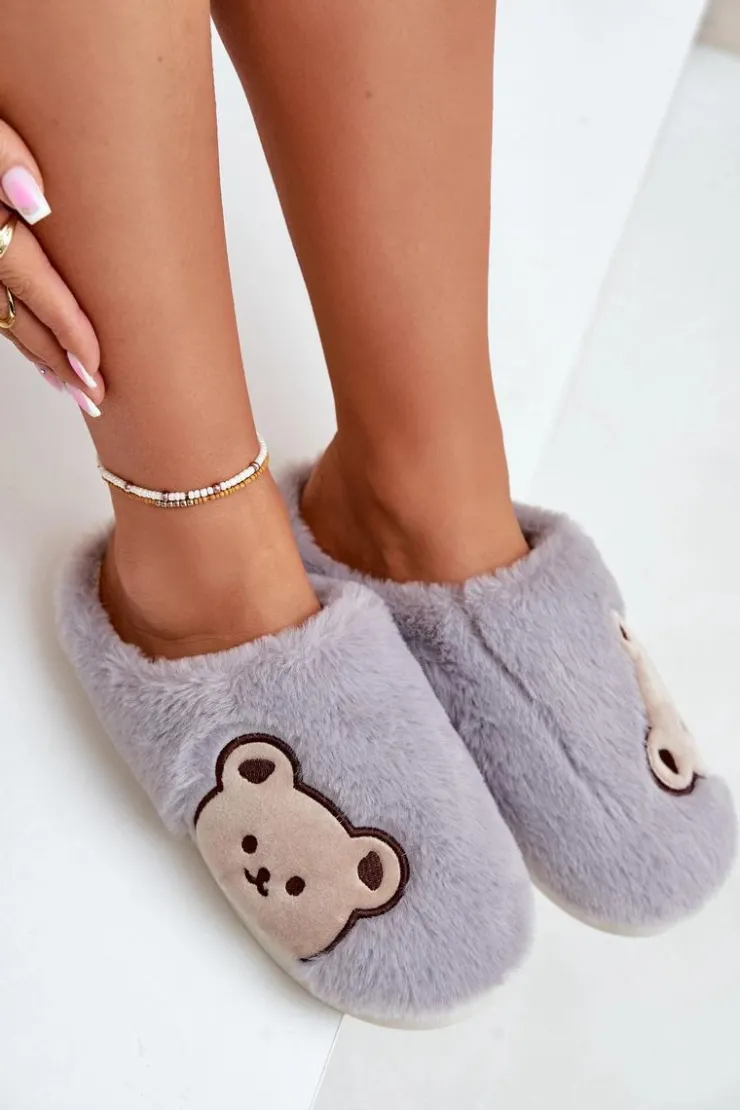 Boto Kapcie Klasyczne*Kapcie Damskie Futrzane Z Misiem Szare Fiorinella Szary