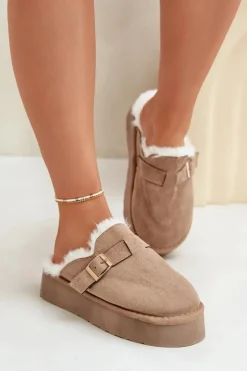 New Boto Kapcie Damskie Na Grubej Podeszwie Z Futerkiem I Klamrą Ciemnobeżowe Linneola Beżowy