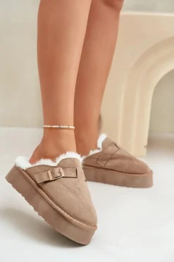 New Boto Kapcie Damskie Na Grubej Podeszwie Z Futerkiem I Klamrą Ciemnobeżowe Linneola Beżowy