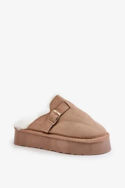 New Boto Kapcie Damskie Na Grubej Podeszwie Z Futerkiem I Klamrą Ciemnobeżowe Linneola Beżowy