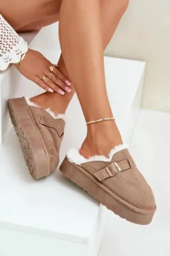 New Boto Kapcie Damskie Na Grubej Podeszwie Z Futerkiem I Klamrą Ciemnobeżowe Linneola Beżowy