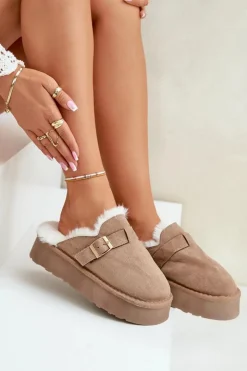 New Boto Kapcie Damskie Na Grubej Podeszwie Z Futerkiem I Klamrą Ciemnobeżowe Linneola Beżowy