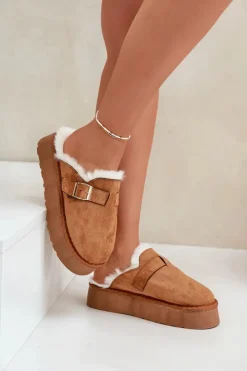 Boto Kapcie Klasyczne*Kapcie Damskie Na Grubej Podeszwie Z Futerkiem I Klamrą Camel Linneola Brązowy