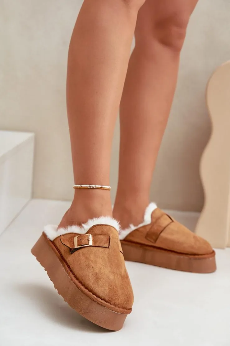 Boto Kapcie Klasyczne*Kapcie Damskie Na Grubej Podeszwie Z Futerkiem I Klamrą Camel Linneola Brązowy