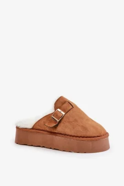 Boto Kapcie Klasyczne*Kapcie Damskie Na Grubej Podeszwie Z Futerkiem I Klamrą Camel Linneola Brązowy