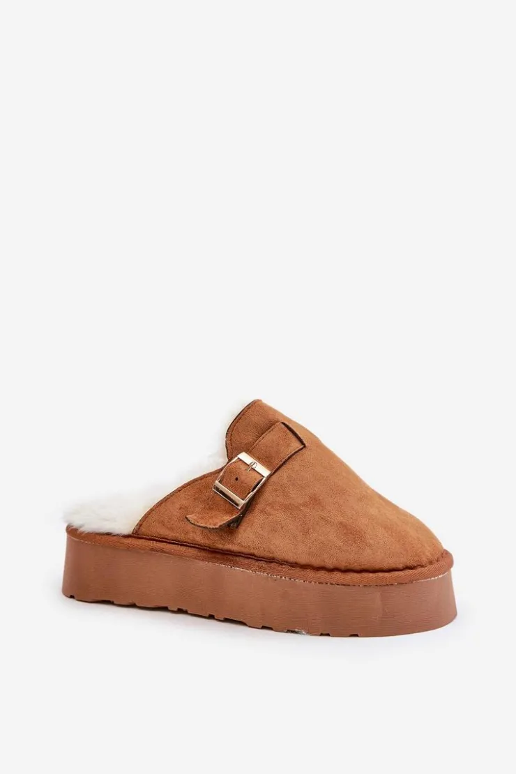 Boto Kapcie Klasyczne*Kapcie Damskie Na Grubej Podeszwie Z Futerkiem I Klamrą Camel Linneola Brązowy