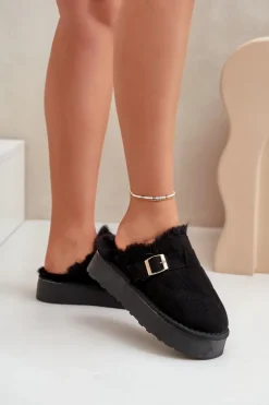 Sale Boto Kapcie Damskie Na Grubej Podeszwie Z Futerkiem I Klamrą Czarne Linneola Czarny