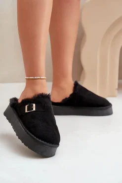 Sale Boto Kapcie Damskie Na Grubej Podeszwie Z Futerkiem I Klamrą Czarne Linneola Czarny