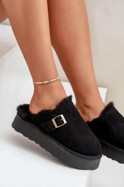 Sale Boto Kapcie Damskie Na Grubej Podeszwie Z Futerkiem I Klamrą Czarne Linneola Czarny