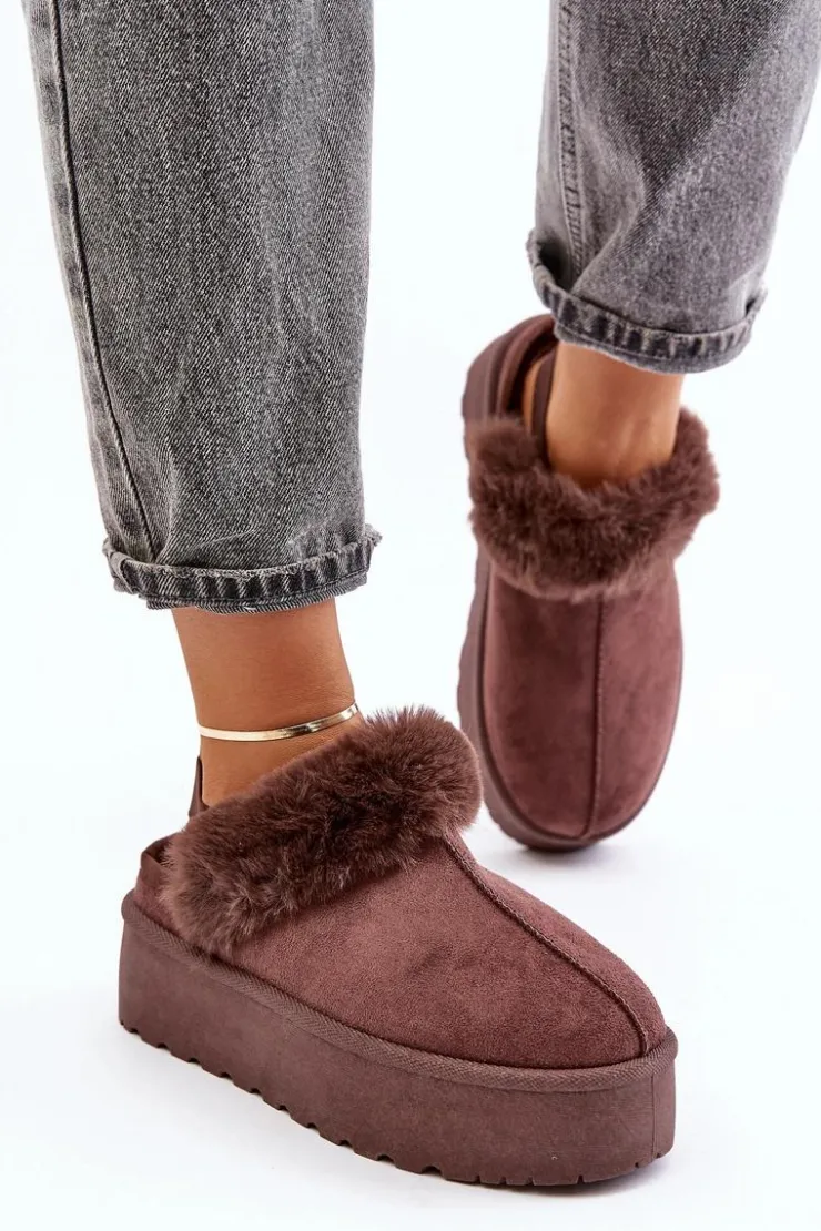 Outlet Boto Kapcie Damskie Na Platformie Z Futerkiem Brązowe Linaris