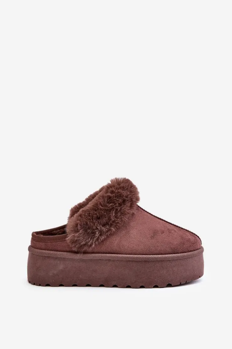 Outlet Boto Kapcie Damskie Na Platformie Z Futerkiem Brązowe Linaris