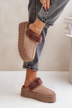 Damskie Boto Kapcie Damskie Na Platformie Z Futerkiem Ciemnobeżowe Linaris