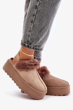 Damskie Boto Kapcie Damskie Na Platformie Z Futerkiem Ciemnobeżowe Linaris