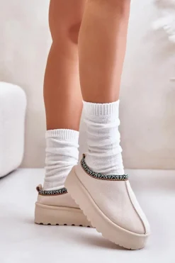 Outlet Boto Kapcie Damskie Na Platformie Z Haftem Jasnobeżowe Neroma