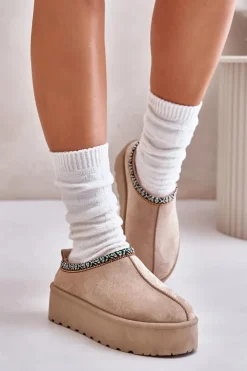 Boto Śniegowce Damskie|Kapcie Klasyczne*Kapcie Damskie Na Platformie Z Haftem Beżowe Neroma