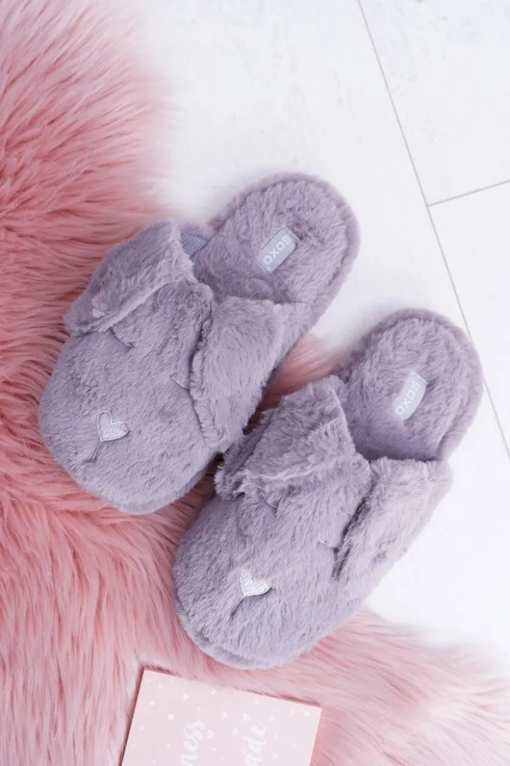 Boto Kapcie Klasyczne*Kapcie Damskie SOXO Puchate Pieski z Uszami Szare