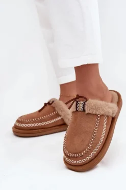 Boto Kapcie Damskie Z Futerkiem I Haftem Brązowe Perivelle