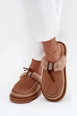 Boto Kapcie Damskie Z Futerkiem I Haftem Brązowe Perivelle