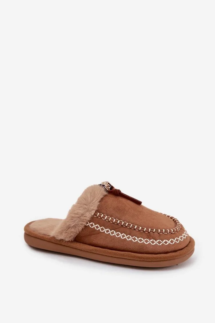 Boto Kapcie Damskie Z Futerkiem I Haftem Brązowe Perivelle